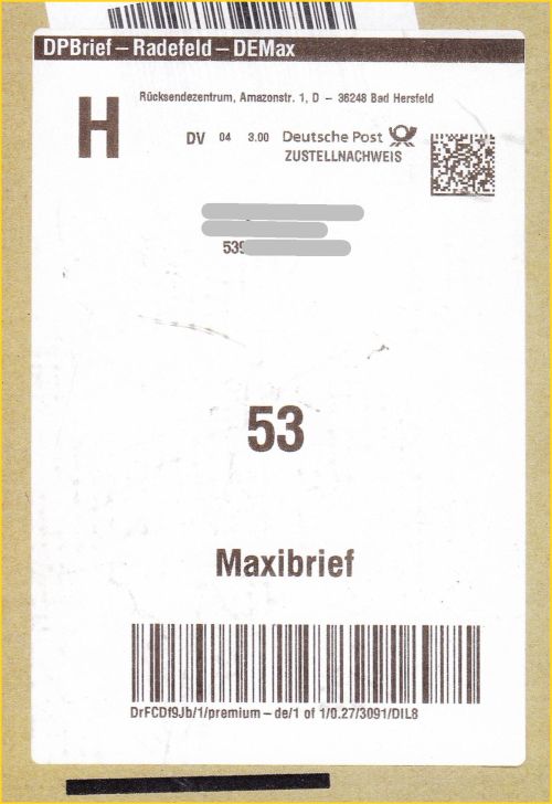 DV-Freimachung Maxibrief mit Zustellnachweis von Amazon aus dem April 2017 DV-Freimachung Maxibrief mit Zustellnachweis von Amazon aus dem April 2017
