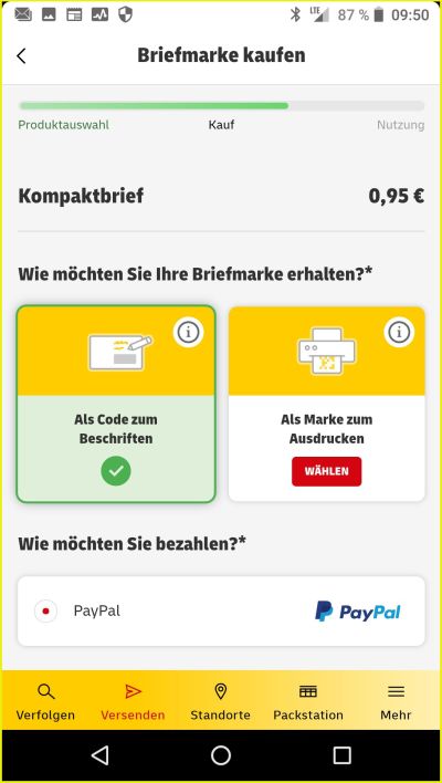 Bildschirmkopie vom Kauf einer „Mobilen Briefmarke über ein Smartphone über die Postapp mit der Auswahl Code zum Beschriften ausgewählt für einen Kompaktbrief für 95 Cent, zahlbar über Paypal