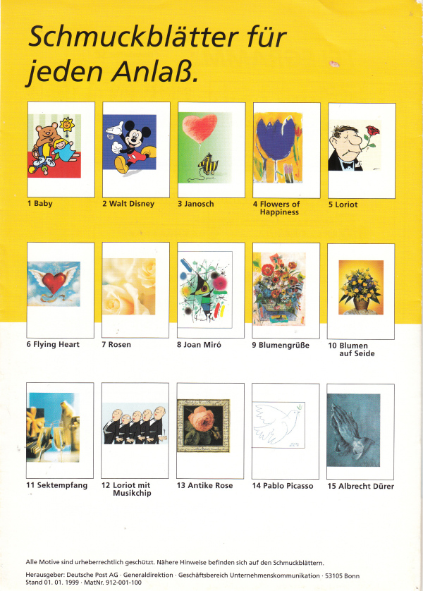 Ein Postflyer aus dem Jahr 1999 mit den zu diesem Zeitpunkt vorhandenen Schmuckblättern