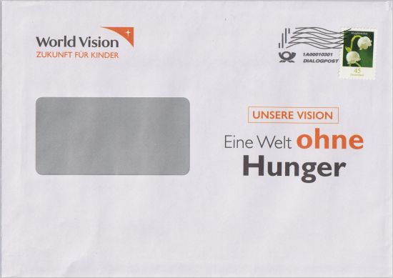 Ein portogerecht frankierter Dialogpost-Großbrief (Format C5) bis 50 Gramm frankiert mit 45 Cent Maiglöckchen und entwertet mittels Digitaldrucks