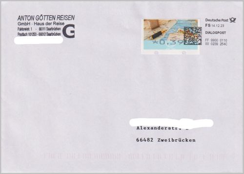 Eine extrem seltene portogereche Dialogpostsendung mit passender Einzelfrankatur 39 Cent ATM aus der Aufbrauchsphase, vorausentwertet mittels Frankierservice am 14. Dezember 2023