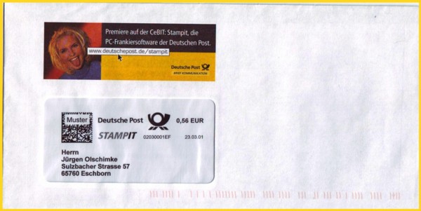Testbrief von der CeBIT 2001 Der Brief wurde auf dem Messestandauf Wunsch mit echter Adresse versehen und dann auf postalisch befördert, erkennbar an der Kodierung - dies war eine Demonstration für den einen oder anderen Pressevertreter