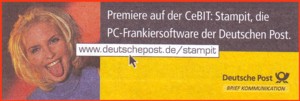 Werbezudruck auf Umschlägen von der CeBIT 2001 zur Einführung von Stampit