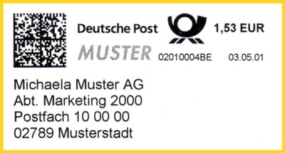 Musterabdruck mit kompletten Matrixcode aber Muster anstelle des Produktnamens sowie interner Postcode