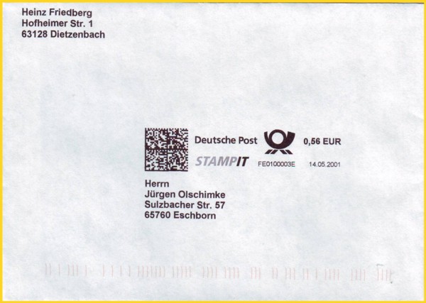 Brief mit Stampitfreimachung aus den ersten Tagen des Versuchs im Bereich des BZ 63 - hier ein normaler Standardbrief