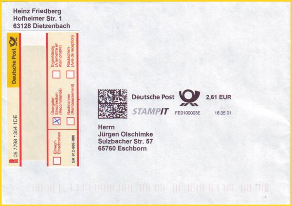 PC-Freimachung aus den ersten Versuchstagen für einen Übergabeeinschreiben - noch muß ein separates Einschreiblabel aufgeklebt werden !