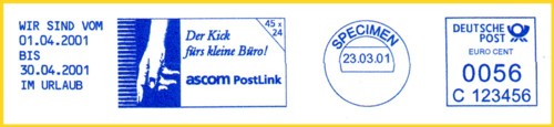 Absenderfreistempel, dessen Werbefläche wahlweise verkleinerbar ist, um beispielsweise Zusatztexte mit zu drucken - Firma Ascom Haßler heute zu Neopost gehörend