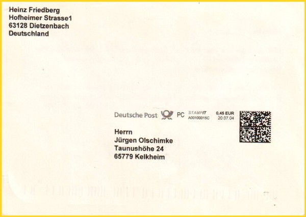 Das neue Stampit Layout - hier ein normaler Brief - das deutlichste Merkmal ist der nun rechts vorhandene 2-D-Barcode