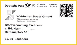 Stampit Frankatur im neuen Layout hier zusätzlich mit Firmenlogo + Werbung integriert
