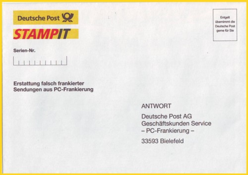 Spezieller Postsacheumschlag für die Rückerstattung von verdruckten Stampitfrankaturen