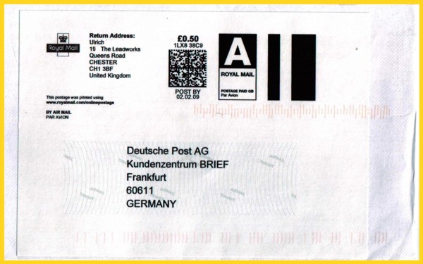 Echt gelaufener Brief aus England mit der dortigen PC-Freimachung frankiert, sowie englischer und deutsche Kodierung