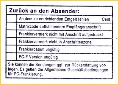 sehr seltener postalischer Nebenstempel speziell für die PC-Freimachung aus der Anfangszeit