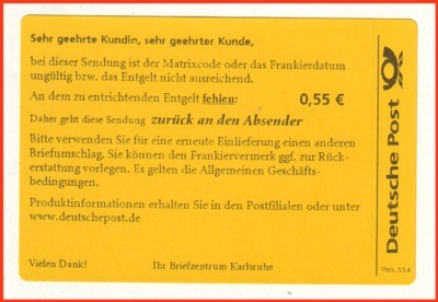 gelber Retourenzettel speziell für die Beanstandung von Sendungen mit Matrixcode also auch der PC-Freimachung (ältere Version)