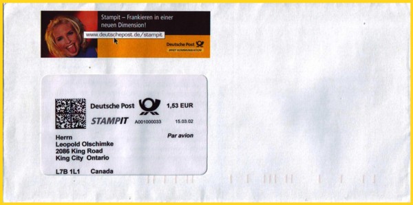 Stampit Frankatur ins Ausland mit einem Werbeumschlag von der CeBIT 2002 - hier Weltporto für einen Standardbrief nach Kanada - mit kanadischer Kodierung