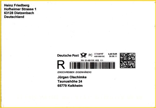 Ein Letzttagsbeleg von Stampit vom 30. September 2011 als Einschreiben Eigenhändig