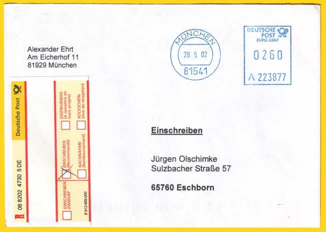 Standardeinschreiben vom ersten Tag (28.5.2003) komplett freigemacht mittels Postfreistempelung in München 90 - bei dieser Maschine war aber die Jahreszahl falsch eingestellt und zeigt das Jahr 2002 statt dem richtigen Jahr 2003 !