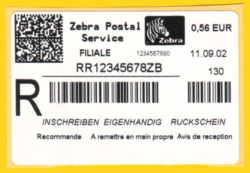 Musterlabel von der Postexpo 2002 für ein Einschreiben mit Freimachung vom Gerätehersteller Zebra (die Post hat sich später für die Firma TEC entschieden)