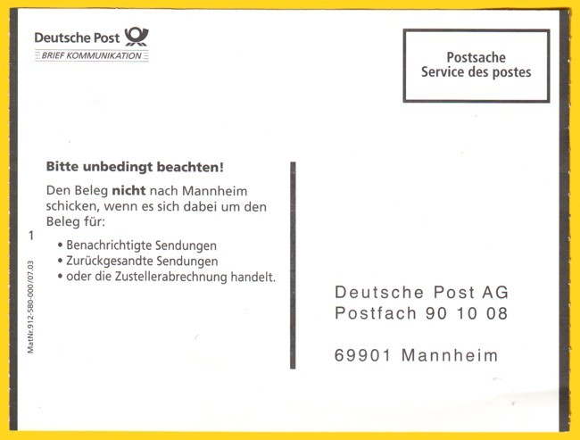 Vorderseite des neuen Auslieferungsbeleges