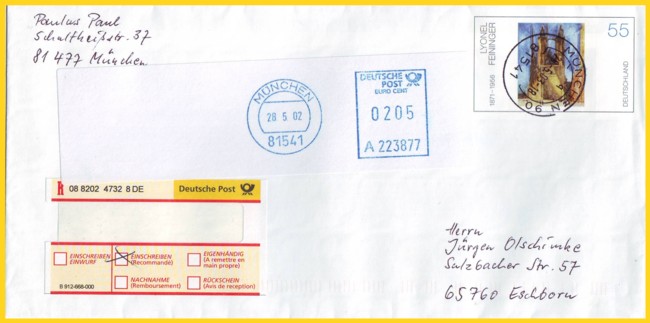 Beleg vom ersten Versuchstag aus München mit falsch programmierten Datum 2002 statt 2003 - der Stempel zeigt das richtige Datum 28. Mai 2003