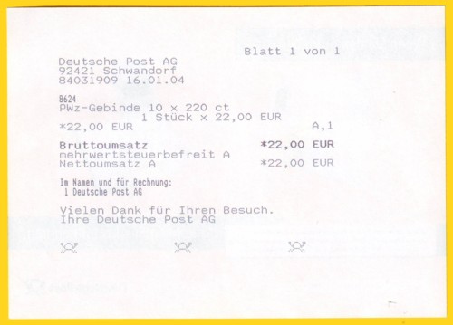 Quittung von einem der ersten Tage aus dem erweiterten Versuchsgebiet mit dem Kauf eines PWZ-Gebindes von 10 x 220 Cent "SWK" aus dem Vertriebsgebiet Regensburg