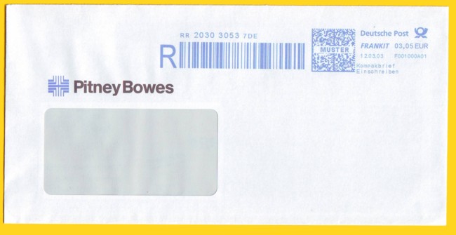 Frühester bekannt gewordener FRANKIT-Musterabdruck zusammen mit Einschreiben vom 12. März 2003 von Pitney Bowes in einem älteren Layout (gefunden auf der CeBIT 2003)