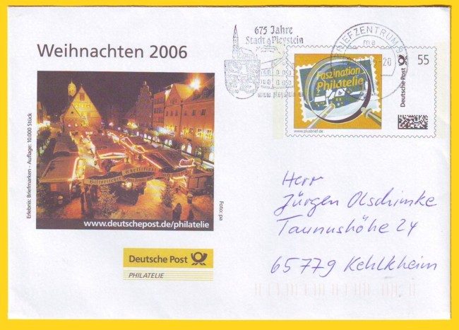 Echt gelaufener Beleg vom ersten möglichen Verkaufstag vom 29. November 2006 gestempelt mit einem Maschinenstempel vom Briefzentrum 92 - hier die Variante mit der zusätzlichen Abbildung eines Fotos vom Weidener Weihnachtsmarkt