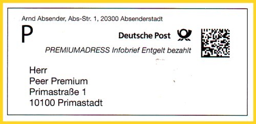 Infopost-Freimachungsvermerk mit Premium-Adresshinweis ohne die Infozeile