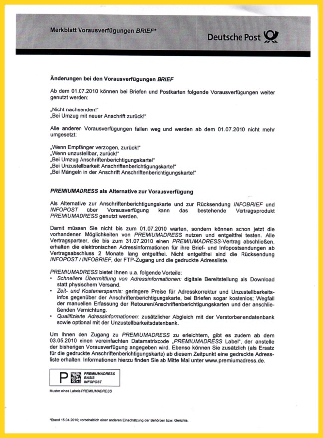 Postinformation zur Änderung der Vorausverfügungen zum 1.7.2010 - Stand 25.4.2010 