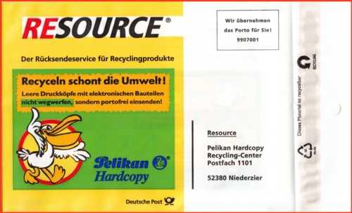 Eine ältere Versandtüte für leere Tintenpatronen von der Firma Pelikan mit Druckvermerk 7/99 von der Vorderseite - hier allerdings nur für den Inlandsrückversand gedacht