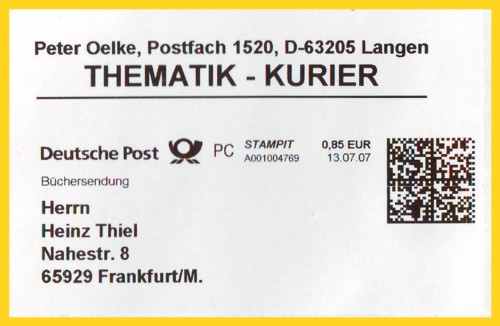Bisherige Stampitfrankatur (PC-Freimachung), hier als Büchersendung groß mit 0,85 Euro Entgelt