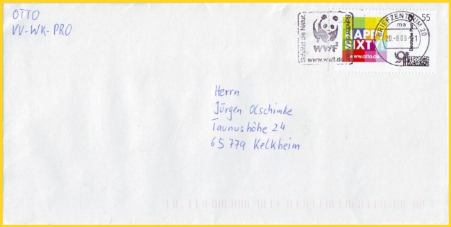 Echt gelaufener Brief aus der Startphase vom Versandhaus Otto von der Pressestelle mit der 55 Cent Happy Sixty! mit Maschinenstempel vom 20. August 2009 vom Briefzentrum Hamburg mit Kodierung
