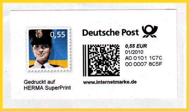 Internetmarke mit VIP-Bild - hier von der Herma-Officer-Kampagne - gekauft 01/2010. Das Bild und der zugehörige Text darunter ("Gedruckt auf HERMA SuperPrint") kann der Normalkunde nicht über das Internetportal beziehen