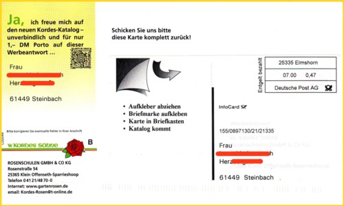 Die Inforcard, auch eine Art Vorläufer der Versendungsform Responseplus mit Ausprägung Antwort, allerdings noch ohne Postmatrixcode - die Werbeantwort selbst befindet sich unter dem abziehbaren Aufkleber