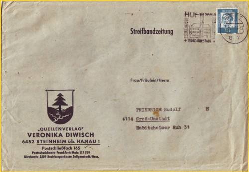 Eine klassische Streifbandzeitung aus der Anfangszeit sogar schon als Umschlag vom 8.7.1965 - 2. Gewichtsstufe
