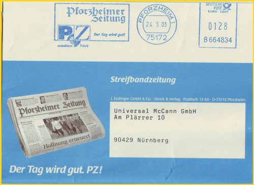 Streifbandzeitung mit Absenderfreistempel 128 Cent vom 24. März 2003, vierte Gewichtsstufe
