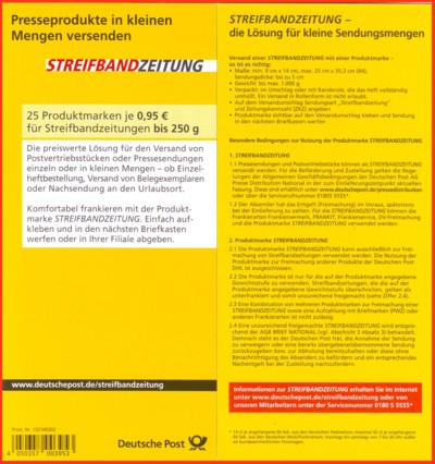 Der Flyer für die Verkaufspackung Produktmarke Streifbandzeitung 3. Portostufe 101 bis 250 Gramm für 95 Cent - Vorderseite und Rückseite mit entsprechenden Zusatzinformationen und Handhabung