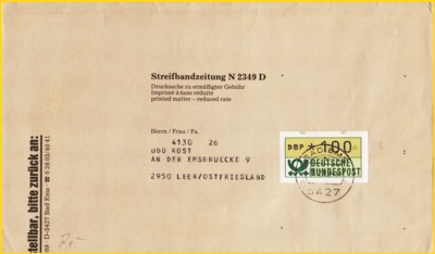Streifbandzeitung als dem sehr kurzen Tarif vom 1. Juli 1982 bis zum 31. Dezember 1982 (also nur 6 Monate gültig) hier wenige Tage vor dem Portoende vom 21. Dezember 1982 mit der 100 Pfennig ATM Einzelfrankatur 4. Gewichtsstufe 250 bis 500 Gramm