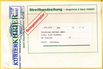 Streifbandzeitung mit Absenderfreistempel 92 Cent vom 20.3.2003, dritte Gewichtsstufe