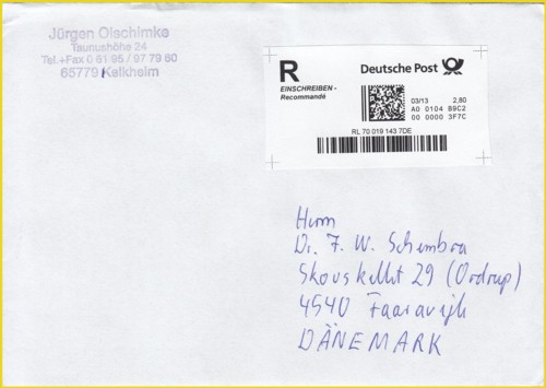 Einschreiben ins Ausland mit passender Internetmarke aus der Frühzeit (März 2013) in der Hauptvariante ohne Absender- und ohne Empfängerangaben als reine Internetmarke. Die Sendung wurde in Dänemark erfasst, aber es erfolgten keine weiteren sichtbaren Postvermerke