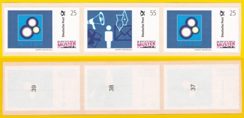 3er Streifen aus der Musterrolle, die anläßlich einer Messe 2011 in kleiner Menge an interessierte Kunden abgegeben wurde - Die Rolle selbst befand sich in einem besonders gestalteten Karton, der auf einer speziellen Klappkarte aufgeklebt war