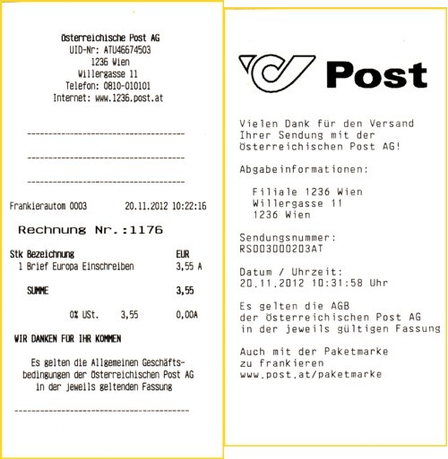 Die dazugehörige Kaufquittung und Einlieferungsquittung vom selben Tag