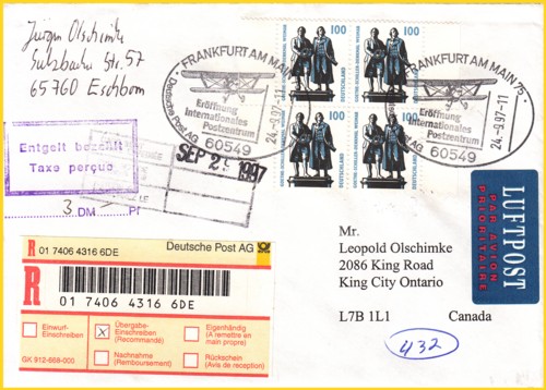 Ein Einschreibebrief vom selben Tag, das Briefporto wurde hier mittels Internationalen Antwortschein bezahlt, daher der Taxe perque Stempel - bei den Einschreiben gab es zum damaligen Zeitpunkt schon Einschreiblabel Ein Einschreibebrief vom selben Tag, das Briefporto wurde hier mittels Internationalen Antwortschein bezahlt, daher der Taxe perque Stempel - bei den Einschreiben gab es zum damaligen Zeitpunkt schon Einschreiblabel