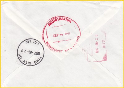 Die rückseitigen Durchgangs- und Ankunftsstempel aus Kanada - Einschreiben werden generell in extra Kartenschlüssen zwischen den jeweiligen Ländern ausgetauscht, sie werden nicht mit der gewöhnlichen Briefpost übergeben Die rückseitigen Durchgangs- und Ankunftsstempel aus Kanada - Einschreiben werden generell in extra Kartenschlüssen zwischen den jeweiligen Ländern ausgetauscht, sie werden nicht mit der gewöhnlichen Briefpost übergeben