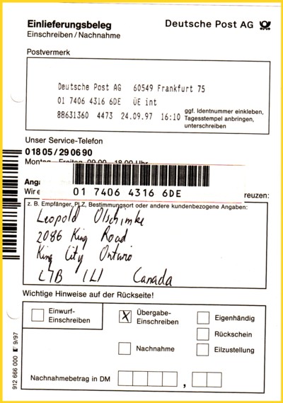 Hier noch der passende Einlieferungsschein mit dem entsprechenden EPOS Ausdruck der damaligen Filiale 60549 Frankfurt 75 Hier noch der passende Einlieferungsschein mit dem entsprechenden EPOS Ausdruck der damaligen Filiale 60549 Frankfurt 75