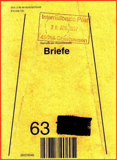 Es handelt sich hier um eine Beutelfahne für Briefe aus dem Ausland von der damaligen Auswechslungstelle Oberhausen zum BZ 63 in Offenbach (es dürfte sich also hier um Briefe aus Holland nach Offenbach gehandelt haben) Es handelt sich hier um eine Beutelfahne für Briefe aus dem Ausland von der damaligen Auswechslungstelle Oberhausen zum BZ 63 in Offenbach (es dürfte sich also hier um Briefe aus Holland nach Offenbach gehandelt haben)