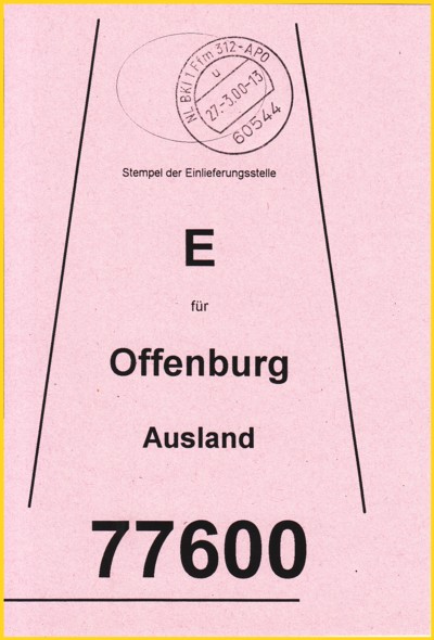 Hier eine Beutelfahne für Einschreiben über die Auswechslungsstelle Offenburg (wurde damals von der APO-Auswechslungsstelle im IPZ mitbearbeitet) Hier eine Beutelfahne für Einschreiben über die Auswechslungsstelle Offenburg (wurde damals von der APO-Auswechslungsstelle im IPZ mitbearbeitet)