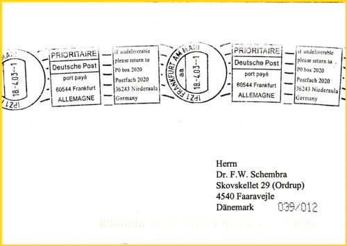 Einer von vielen verschiedenen Stempeln die zeitweilig im Mailterminal im IPZ 1 in Frankfurt am Main eingesetzt wurden - hier ein Handrollstempel als Frankierservice mit der Retourenadresse Niederaula Einer von vielen verschiedenen Stempeln die zeitweilig im Mailterminal im IPZ 1 in Frankfurt am Main eingesetzt wurden - hier ein Handrollstempel als Frankierservice mit der Retourenadresse Niederaula
