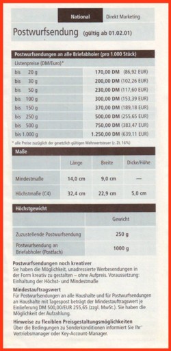 Ein separater Ergänzungszettel für ein Gebührenheft vom 1. April 2000 - für Postwurfsendungen gültig ab 1.2.2001 - das nächste Gebührenheft kam erst zum 1. Juli 2001 heraus - wie es verteilt wurde ? wer kennt weitere ?