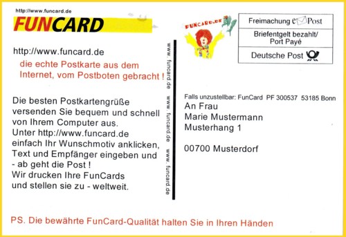 Frankaturseite der Funcard-Werbepostkarte der Deutschen Post AG