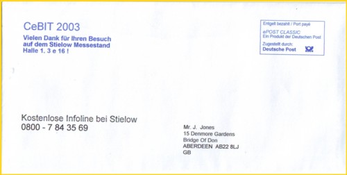 Musterbrief von der CeBIT 2003 von einem Hochleistungsdrucker, der die komplette Briefvorderseite zusammen mit dem Freimachungsvermerk und der individuellen Anschrift drucken kann